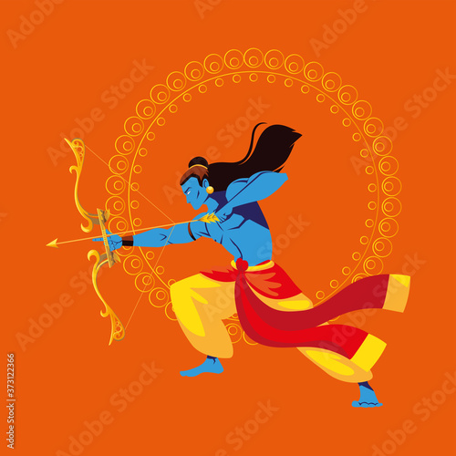 lord ram cartoon with bow and arrow in front of mandala on orange background vector design