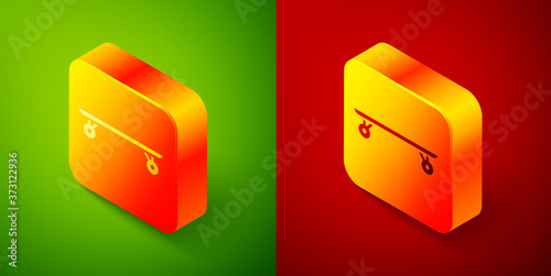 Isometric Longboard or skateboard cruiser icon isolated on green and red background. Extreme sport. Sport equipment. Square button. Vector Illustration.