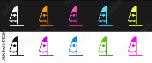 Set Windsurfing icon isolated on black and white background. Vector Illustration.