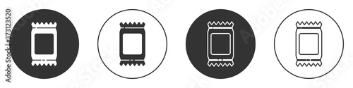 Black Fertilizer bag icon isolated on white background. Circle button. Vector Illustration.