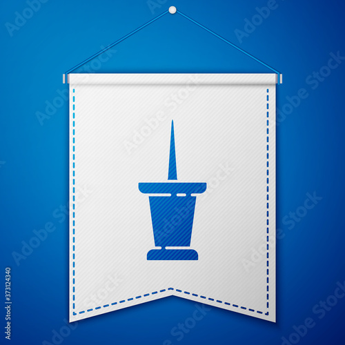 Blue Push pin icon isolated on blue background. Thumbtacks sign. White pennant template. Vector Illustration.