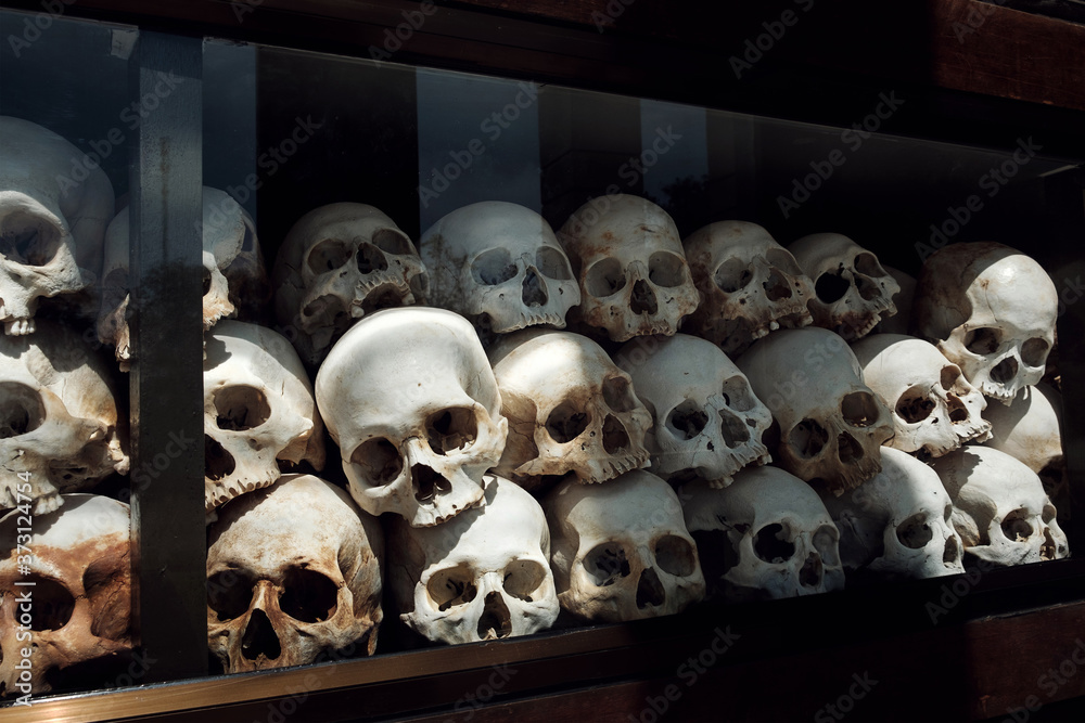skulls at Choeung Ek Monument, the Killing Fields in in Phnom Penh, Cambodia