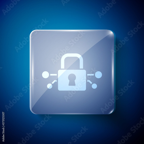 White Cyber security icon isolated on blue background. Closed padlock on digital circuit board. Safety concept. Digital data protection. Square glass panels. Vector.