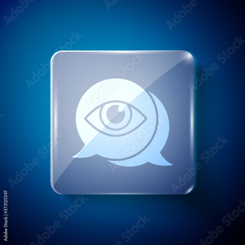 White Eye scan icon isolated on blue background. Scanning eye. Security check symbol. Cyber eye sign. Square glass panels. Vector.
