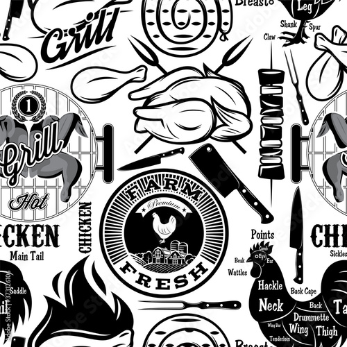 Vector seamless background. Chicken meat. Butcher shop. Monochrome illustration
