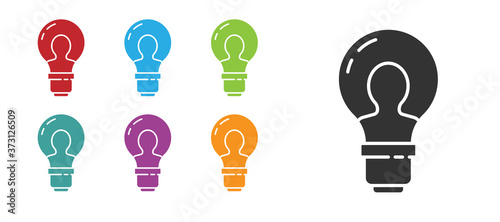 Black Human head with lamp bulb icon isolated on white background. Set icons colorful. Vector.