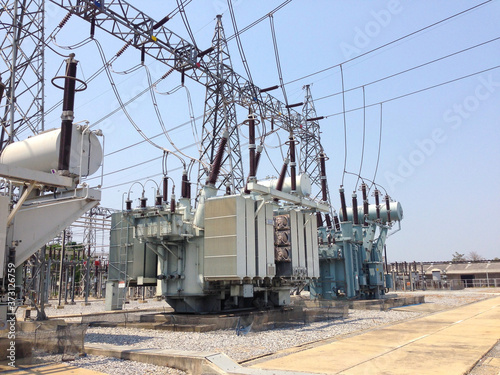 High voltage power transformer in switchyard and electrical power substation photo