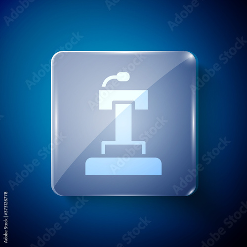 White Stage stand or debate podium rostrum icon isolated on blue background. Conference speech tribune. Square glass panels. Vector.