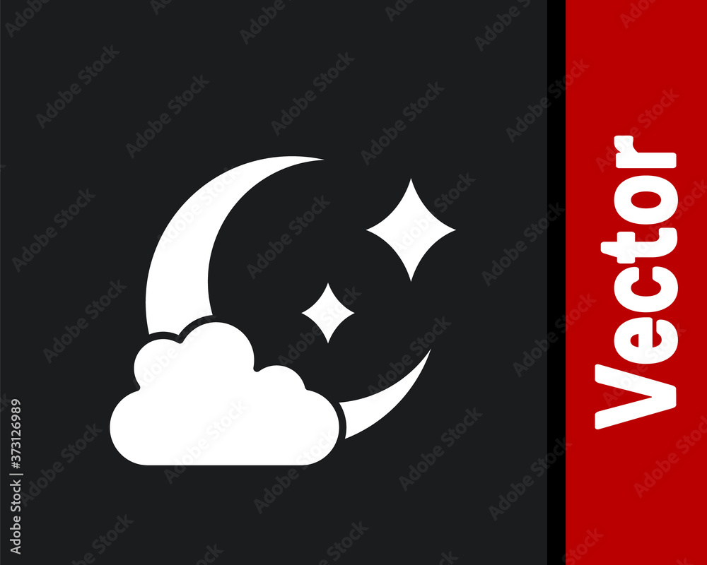 Obraz premium White Cloud with moon icon isolated on black background. Cloudy night sign. Sleep dreams symbol. Night or bed time sign. Vector.