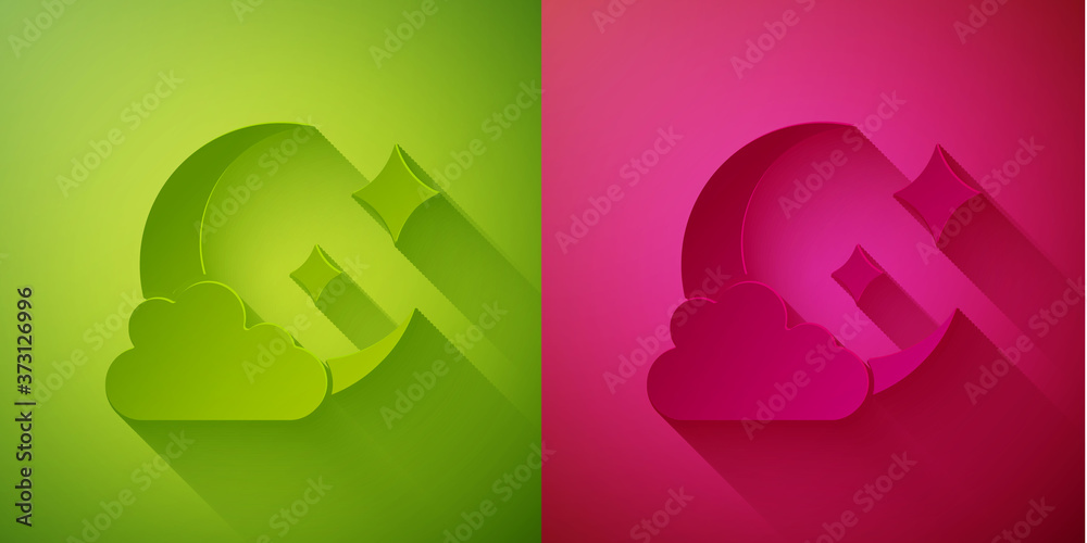 Paper cut Cloud with moon icon isolated on green and pink background. Cloudy night sign. Sleep dreams symbol. Night or bed time sign. Paper art style. Vector. Paper cut Cloud with moon icon isolated on green and pink background. Cloudy night sign. Sleep dreams symbol. Night or bed time sign. Paper art style. Vector.
