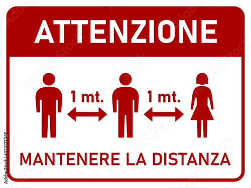 Attenzione Mantenere La Distanza     Attention Keep Your Distance  in Italian  1 m or 1 Metre Horizontal Social Distancing Instruction Sign with an Aspect Ratio of 4 3. Vector Image.