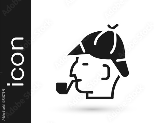 Black Sherlock Holmes with smoking pipe icon isolated on white background. Detective. Vector.