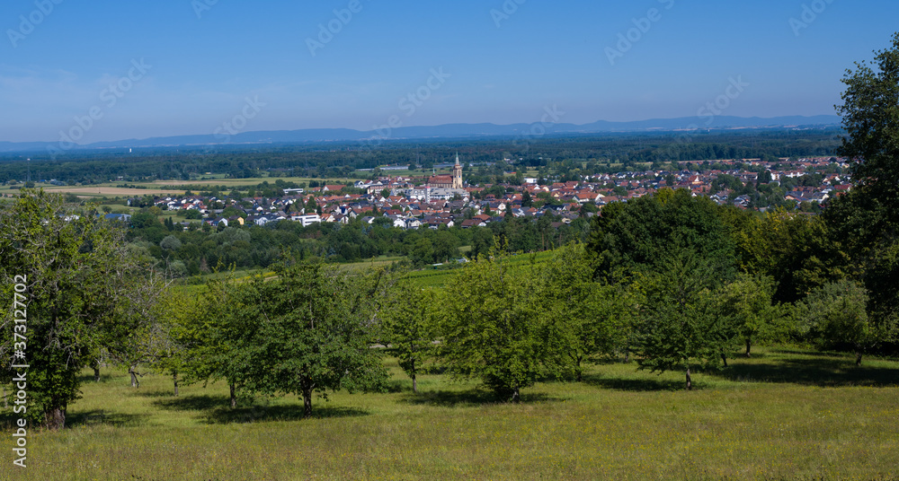 View from Fremersberg to the town of Sinzheim with the Rhine valley near Baden Baden. Baden Wuerttemberg, Germany