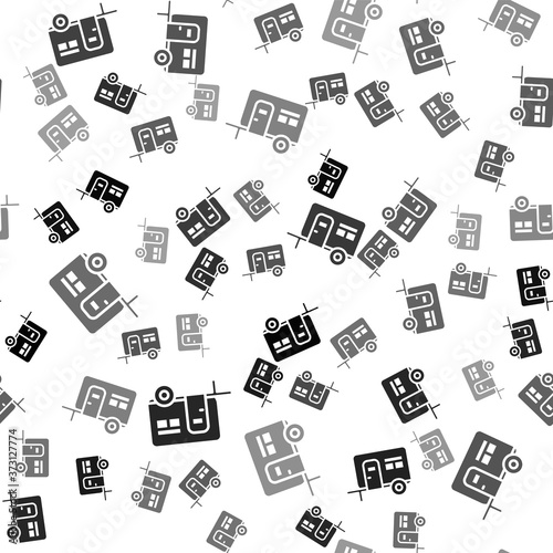 Black Rv Camping trailer icon isolated seamless pattern on white background. Travel mobile home, caravan, home camper for travel. Vector.