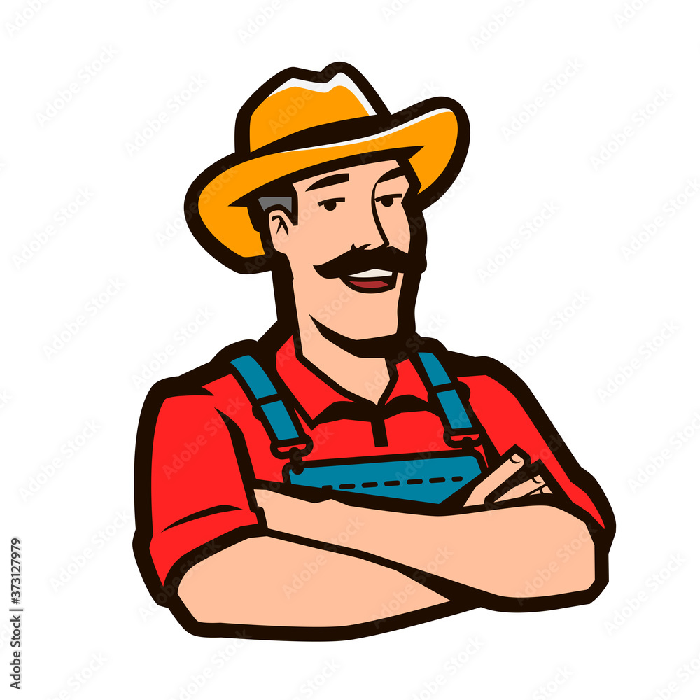 Funny farmer with hat logo. Agriculture, farm concept Funny farmer with hat logo. Agriculture, farm concept