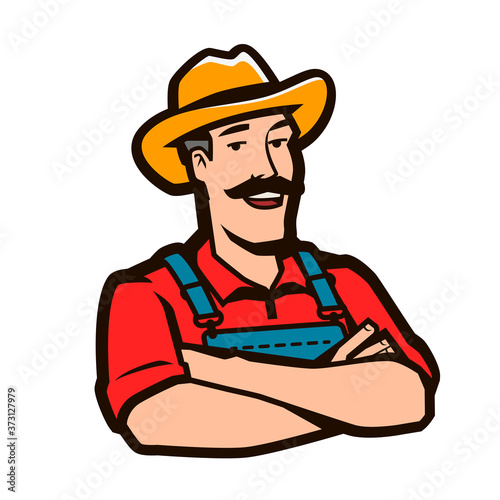Funny farmer with hat logo. Agriculture, farm concept