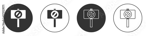 Black Protest icon isolated on white background. Meeting, protester, picket, speech, banner, protest placard, petition, leader, leaflet Circle button Vector illustration