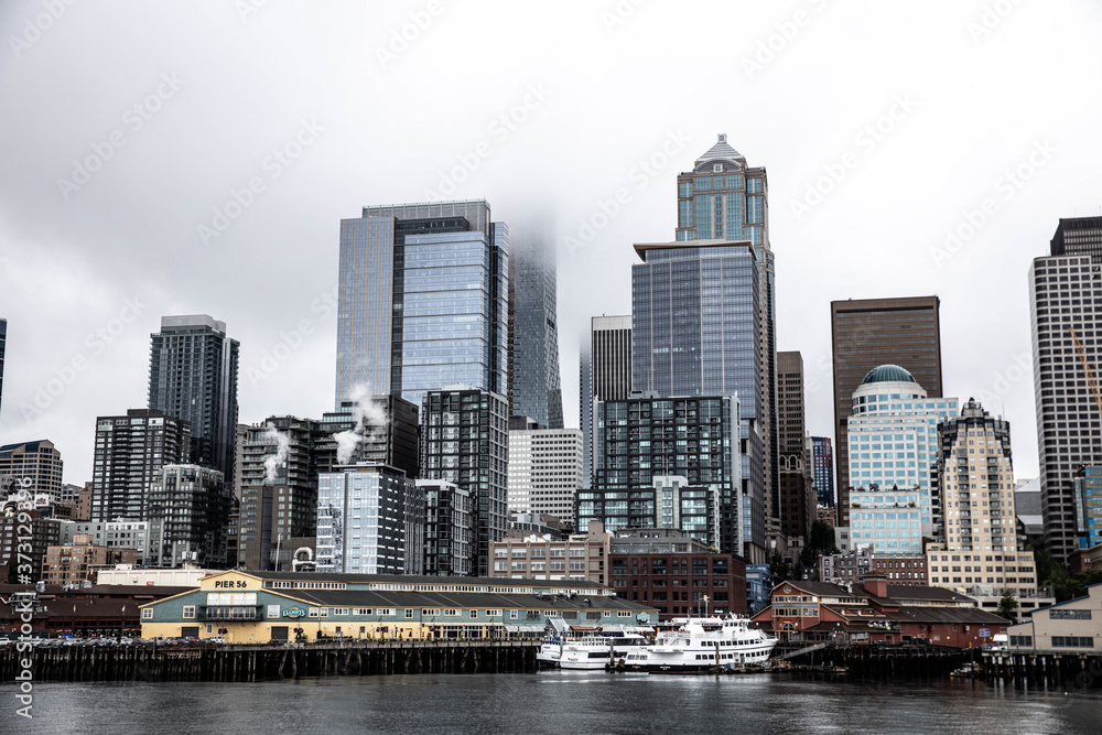 Seattle harbor and skyline on a rainy day