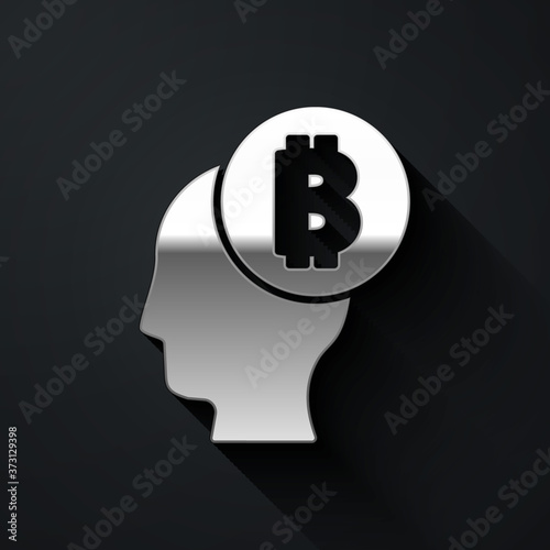 Silver Bitcoin think icon isolated on black background. Cryptocurrency head. Blockchain technology, digital money market, cryptocoin wallet. Long shadow style. Vector.