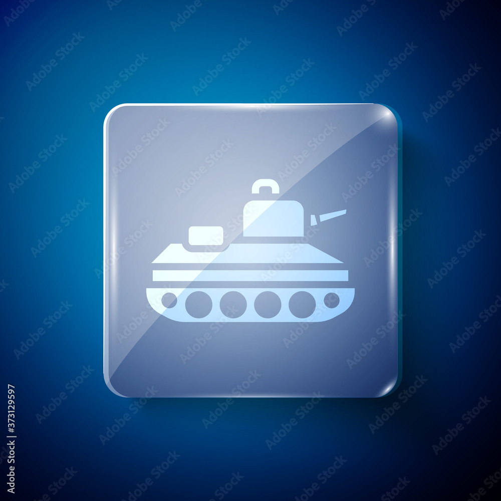 White Military tank icon isolated on blue background. Square glass panels. Vector. White Military tank icon isolated on blue background. Square glass panels. Vector.