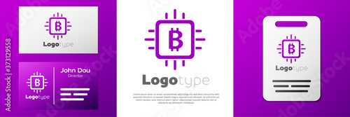 Logotype CPU mining farm icon isolated on white background. Bitcoin sign inside processor. Cryptocurrency mining community. Digital money. Logo design template element. Vector.