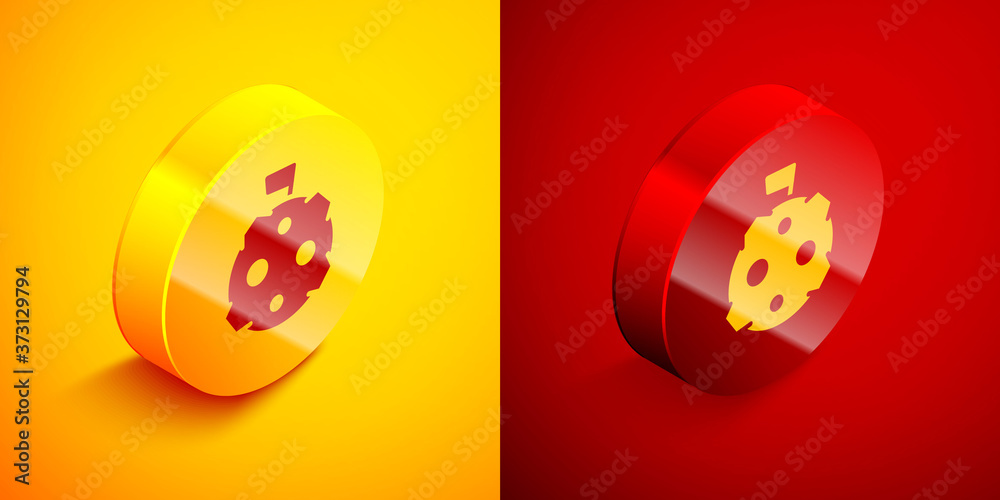Isometric Moon with flag icon isolated on orange and red background. Circle button. Vector. Isometric Moon with flag icon isolated on orange and red background. Circle button. Vector.