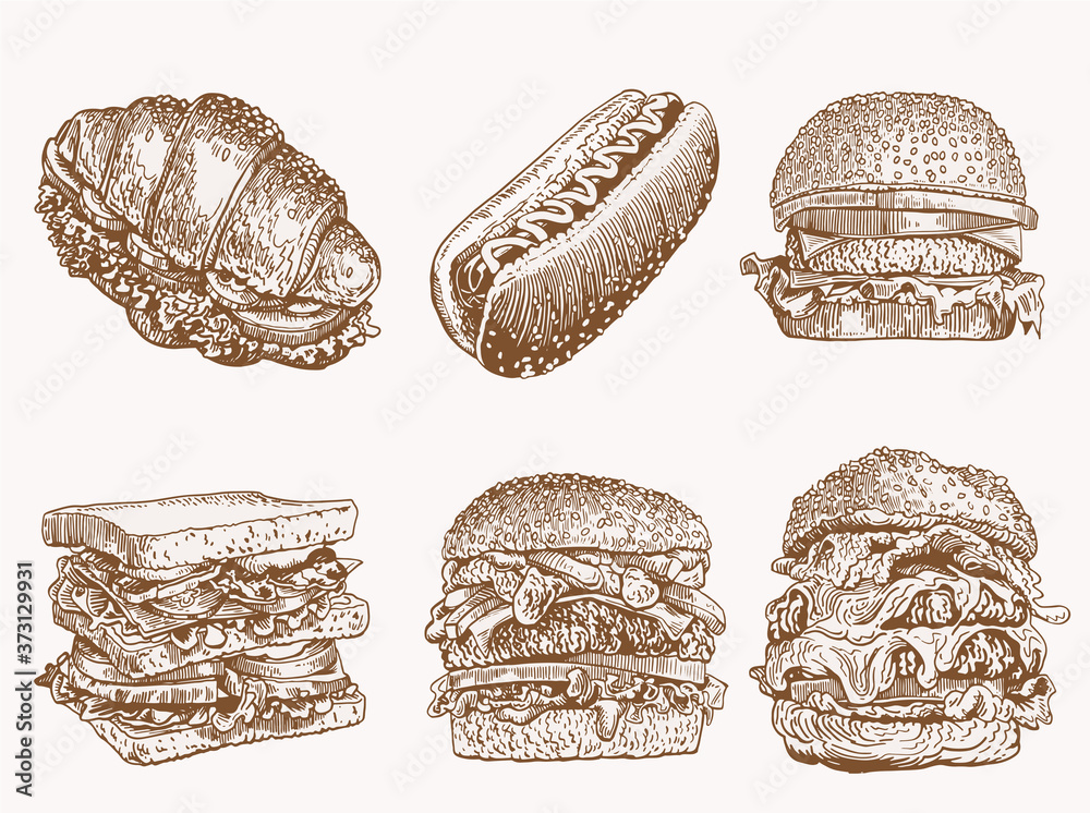 Vintage set of fast food elements, sepia illustration,junk food
