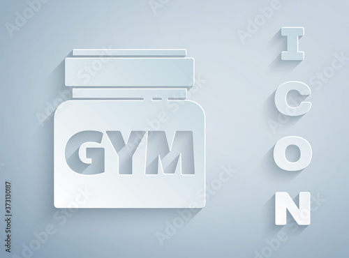 Paper cut Sports nutrition bodybuilding proteine power drink and food icon isolated on grey background. Paper art style. Vector.
