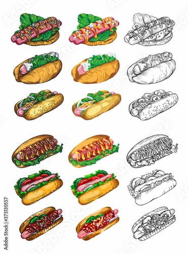 A large set of hot dog sketches in the artline style. High drawing of details and elements.
