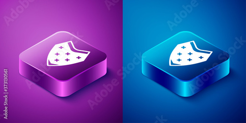 Isometric Traditional mexican poncho clothing icon isolated on blue and purple background. Square button. Vector.