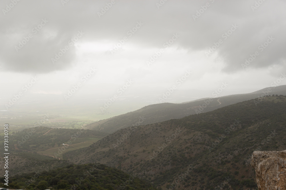 View of the mountains in the fog, Golan Heights, Israel.