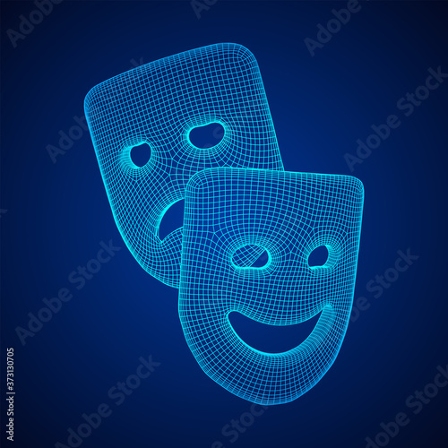 Theatrical masks tragedy and comedy character. Wireframe low poly mesh vector illustration.