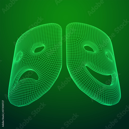 Theatrical masks tragedy and comedy character. Wireframe low poly mesh vector illustration.