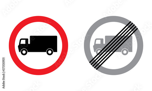  No truck road sign. Entry of trucks is prohibited. End of lorry or truck ban. Vector illustration of traffic signs. Information for truck drivers.