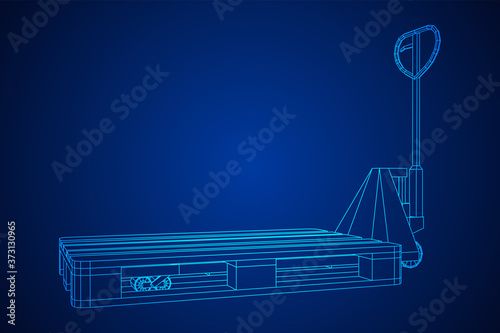 Hand pallet jack lift. Manual forklift with cargo pallet for warehouse. Logistics shipping concept. Wireframe low poly mesh vector illustration.