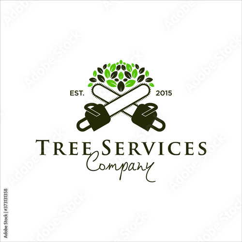 tree service logo design template idea. chainsaw and leaf vector badge inspiration