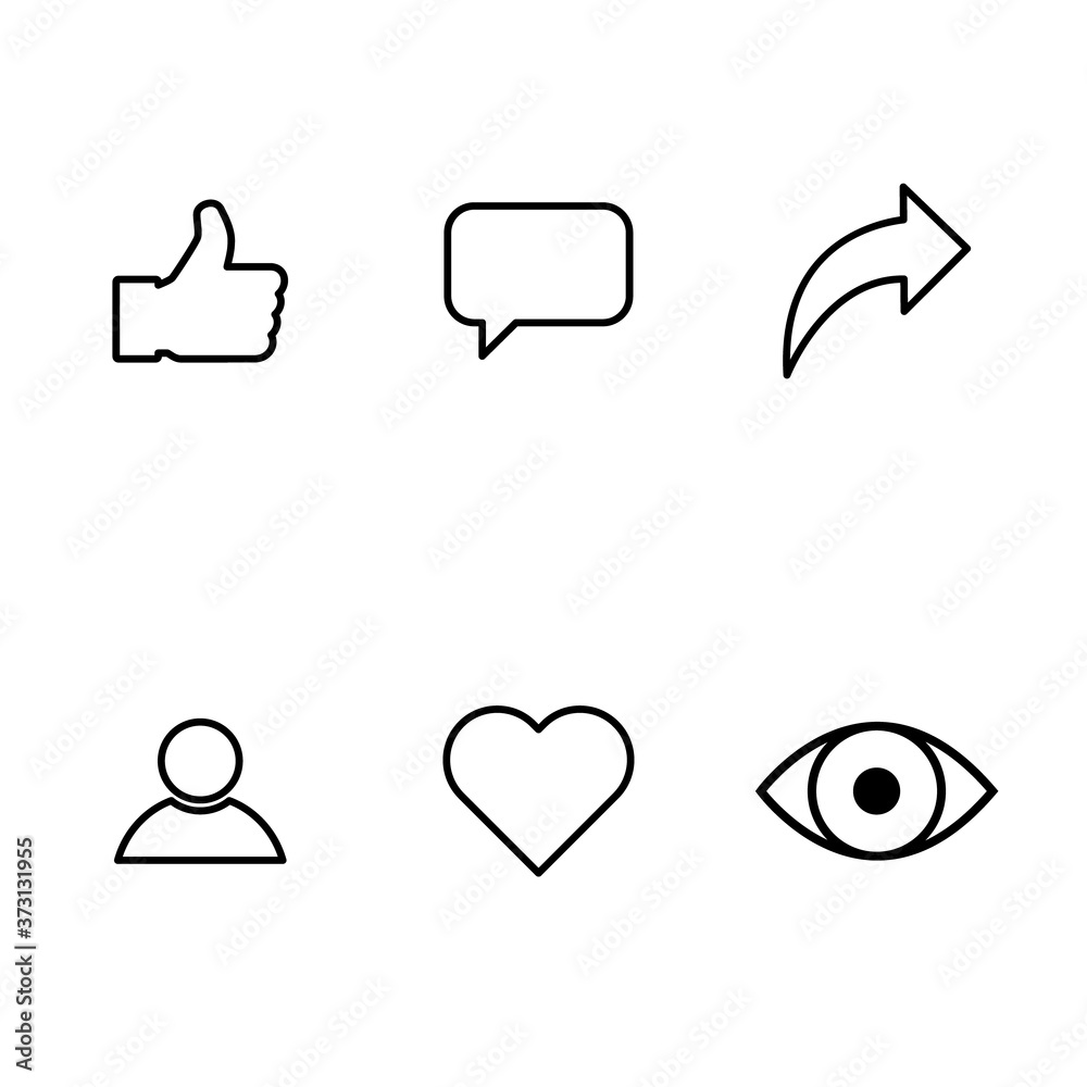 Social symbol for web, thumbs up, comment, share, person, hearth, view graphic. Icon set, collection concept Social symbol for web, thumbs up, comment, share, person, hearth, view graphic. Icon set, collection concept