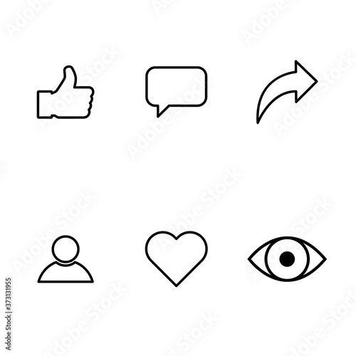 Social symbol for web, thumbs up, comment, share, person, hearth, view graphic. Icon set, collection concept
