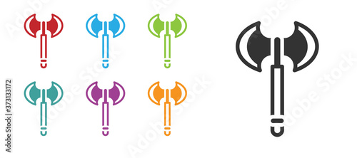 Black Medieval axe icon isolated on white background. Battle axe, executioner axe. Medieval weapon. Set icons colorful. Vector.