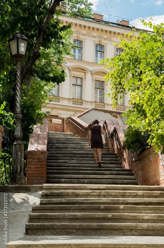 Fototapeta Naklejka Na Ścianę i Meble -  Long stairs to Citadella in Budapest