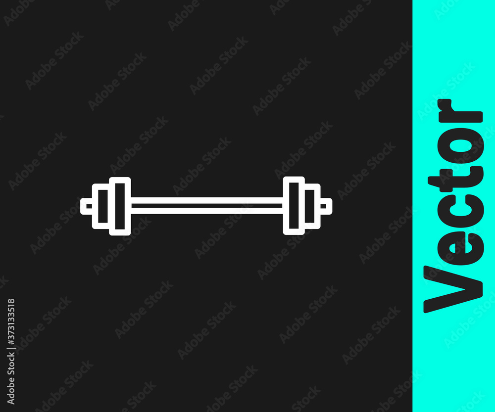 White line Barbell icon isolated on black background. Muscle lifting icon, fitness barbell, gym, sports equipment, exercise bumbbell. Vector Illustration. White line Barbell icon isolated on black background. Muscle lifting icon, fitness barbell, gym, sports equipment, exercise bumbbell. Vector Illustration.