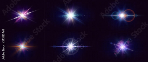 Flashing lights. Collection of different light effects. Vector realistic illustration.