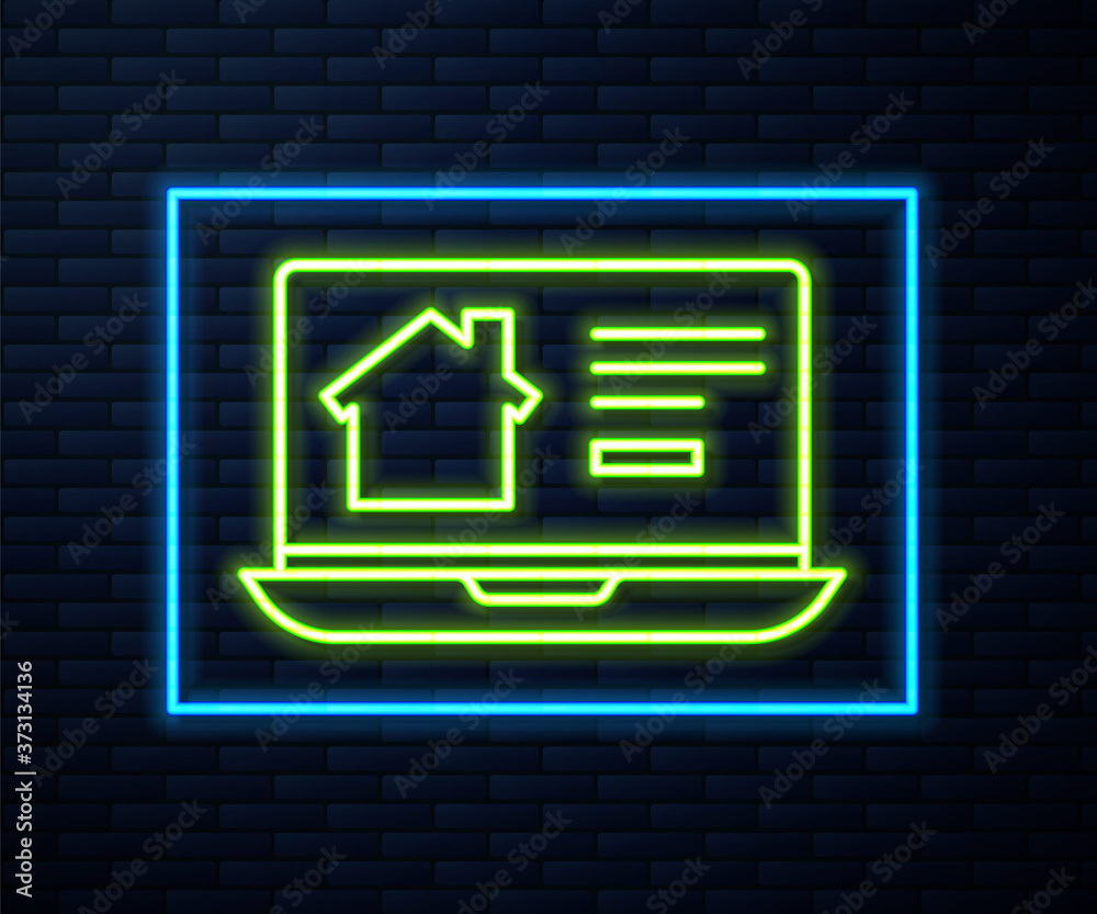 Glowing neon line Online real estate house on laptop icon isolated on brick wall background. Home loan concept, rent, buy, buying a property. Vector Illustration. Glowing neon line Online real estate house on laptop icon isolated on brick wall background. Home loan concept, rent, buy, buying a property. Vector Illustration.
