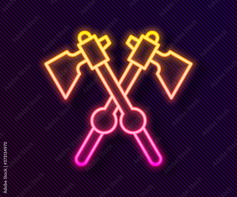 Glowing neon line Crossed medieval axes icon isolated on black background. Battle axe, executioner axe. Medieval weapon. Vector. Glowing neon line Crossed medieval axes icon isolated on black background. Battle axe, executioner axe. Medieval weapon. Vector.