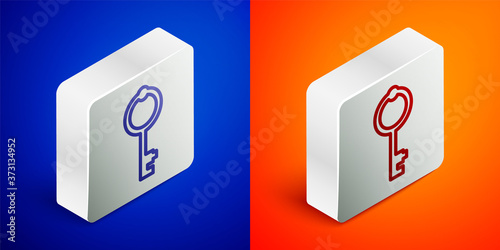 Isometric line Old key icon isolated on blue and orange background. Silver square button. Vector.