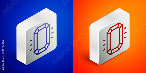 Isometric line Diamond icon isolated on blue and orange background. Jewelry symbol. Gem stone. Silver square button. Vector.