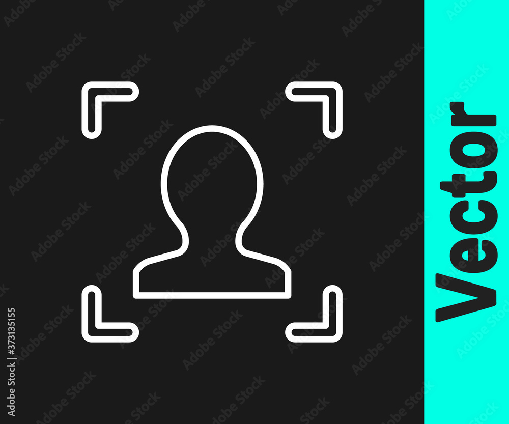 White line Face recognition icon isolated on black background. Face identification scanner icon. Facial id. Cyber security concept. Vector. White line Face recognition icon isolated on black background. Face identification scanner icon. Facial id. Cyber security concept. Vector.