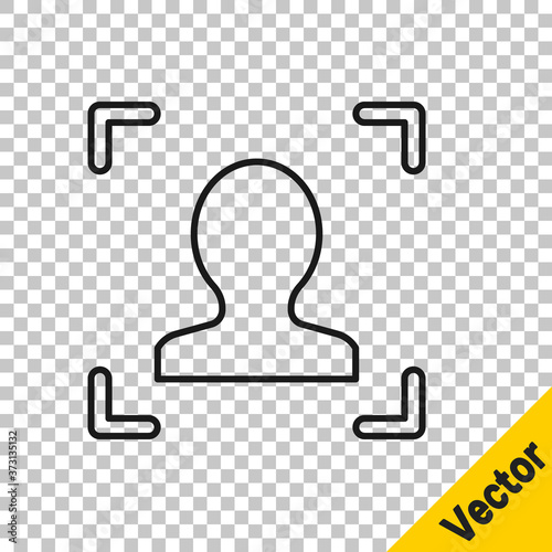 Black line Face recognition icon isolated on transparent background. Face identification scanner icon. Facial id. Cyber security concept. Vector.