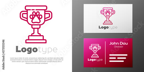 Logotype line Pet award symbol icon isolated on white background. Medal with dog footprint as pets exhibition winner concept. Logo design template element. Vector.