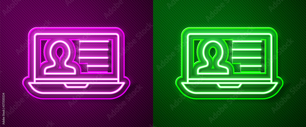 Glowing neon line Laptop with resume icon isolated on purple and green background. CV application. Searching professional staff. Analyzing personnel resume. Vector. Glowing neon line Laptop with resume icon isolated on purple and green background. CV application. Searching professional staff. Analyzing personnel resume. Vector.